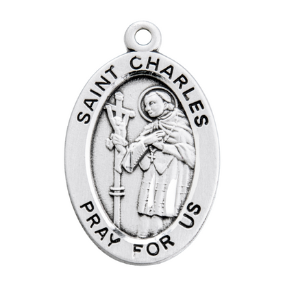 Saint Charles Borromeo Sterling Silver Oval Medal Necklace — 20" Chain