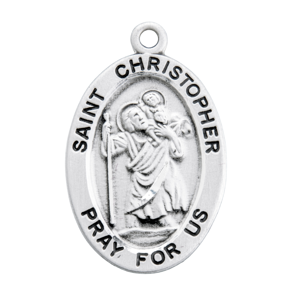 Saint Christopher Sterling Silver Oval Medal Necklace — 20" Chain, Gift Box