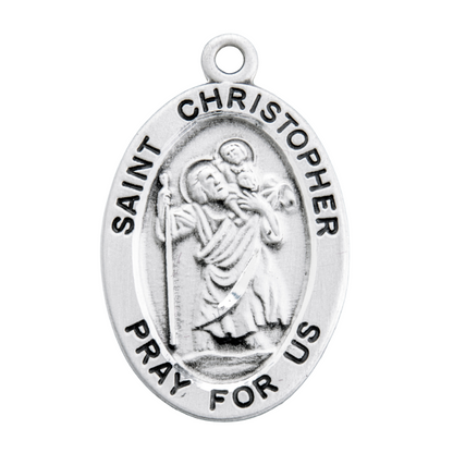 Saint Christopher Sterling Silver Oval Medal Necklace — 20" Chain, Gift Box