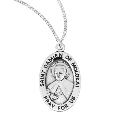 Patron Saint Damian of Molokai Oval Sterling Silver Medal, Catholic Gift, Made in USA