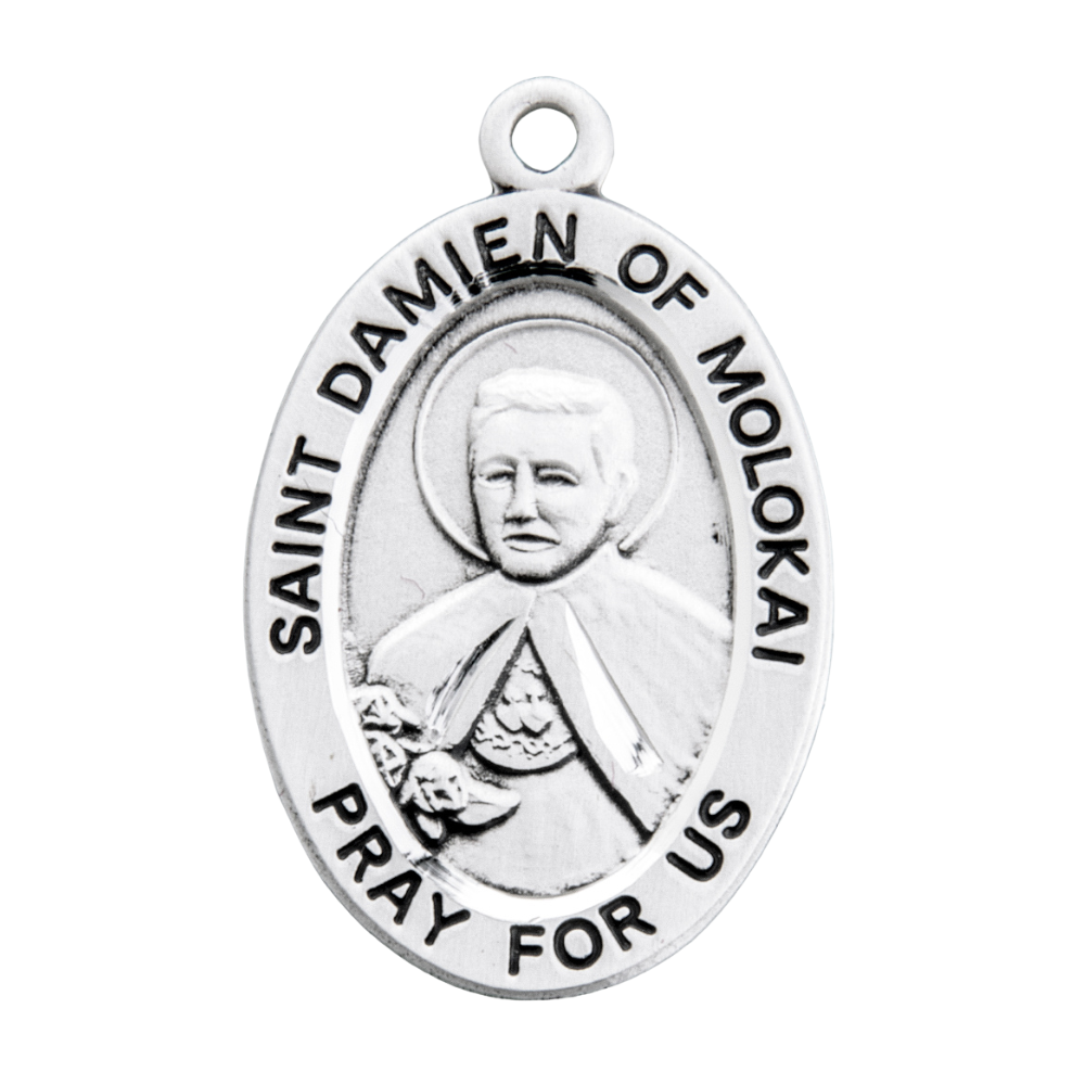 Saint Damian of Molokai Sterling Silver Oval Medal Necklace — 20" Chain