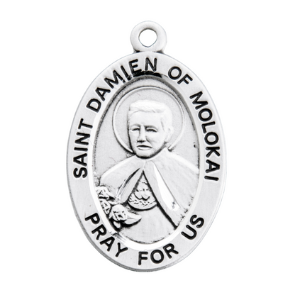 Saint Damian of Molokai Sterling Silver Oval Medal Necklace — 20" Chain