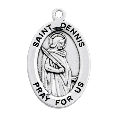 Saint Dennis Sterling Silver Medal Necklace — 20" Chain, Made in USA, Gift Box