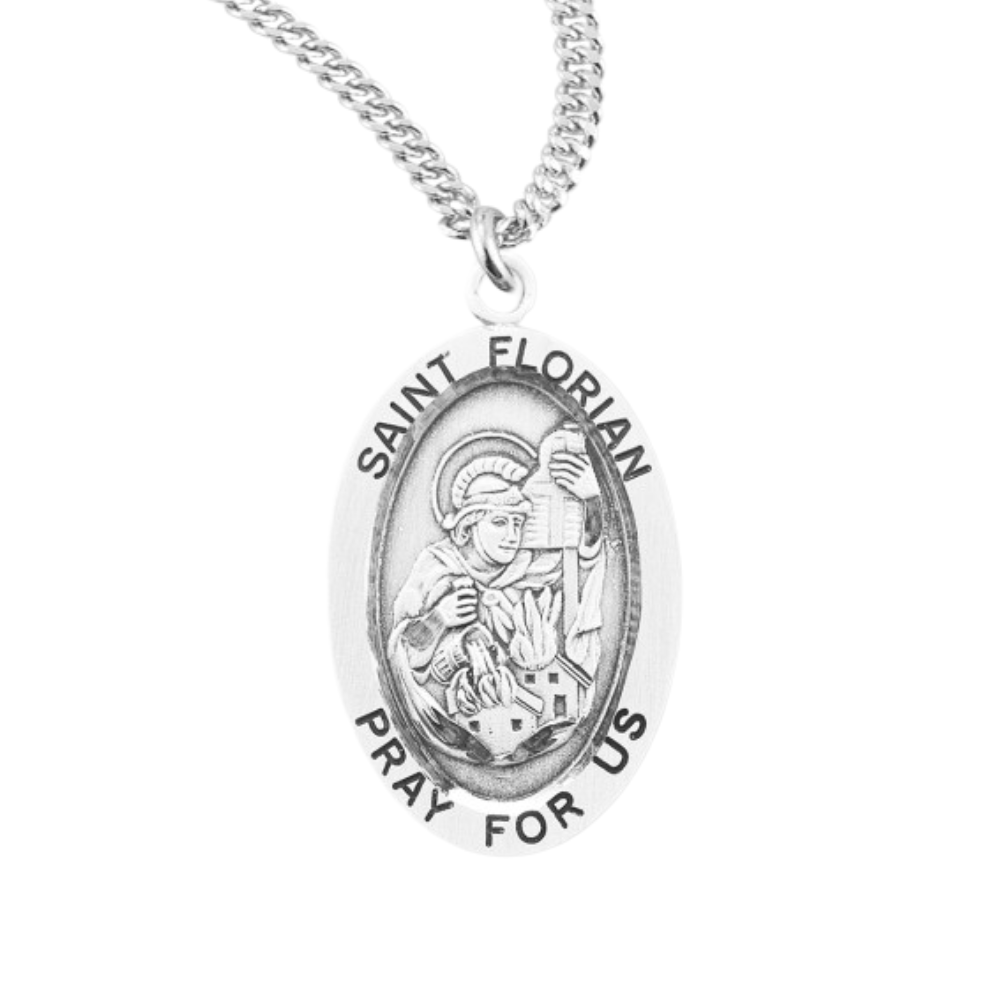 Patron Saint Florian Oval Sterling Silver Medal, Catholic Gift, Made in USA