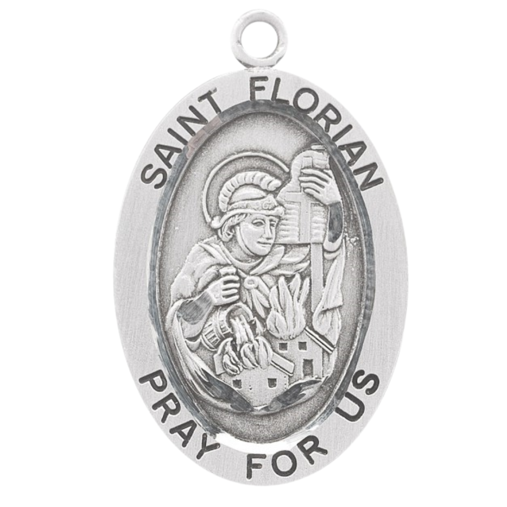 Saint Florian Sterling Silver Medal Pendant Necklace — 20" Chain, Made in USA