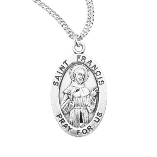 Patron Saint Francis Assisi Oval Sterling Silver Medal, Catholic Gift, Made in USA