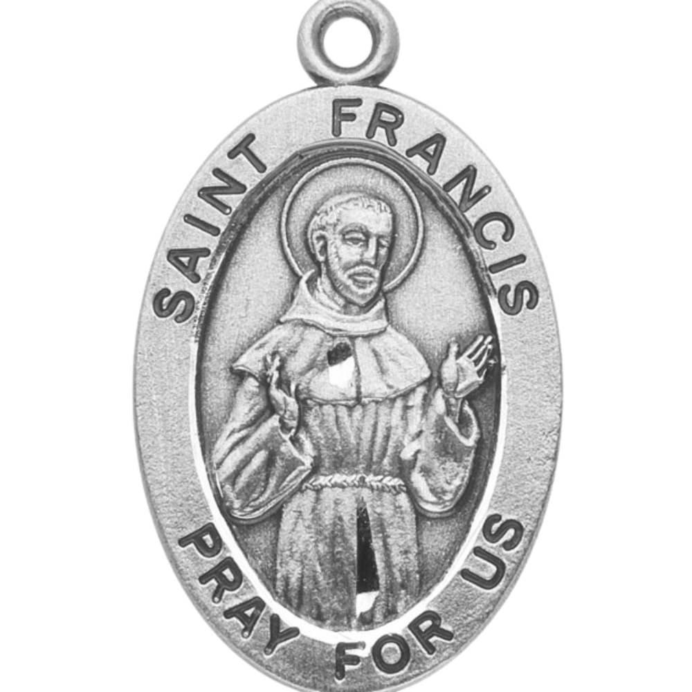 Saint Francis Assisi Sterling Silver Oval Medal Necklace — 20" Chain, Gift Box