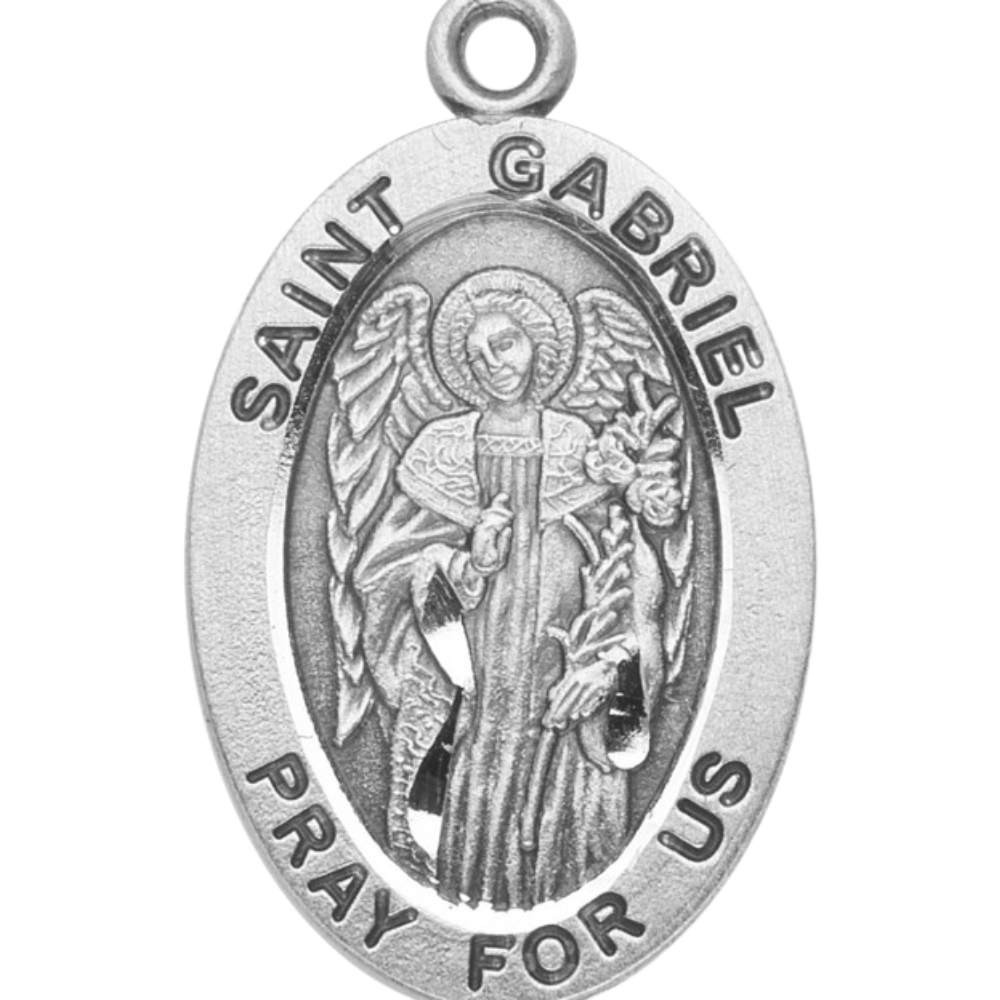 Saint Gabriel Sterling Silver Oval Medal Necklace — 20 Inch Chain, Gift Box