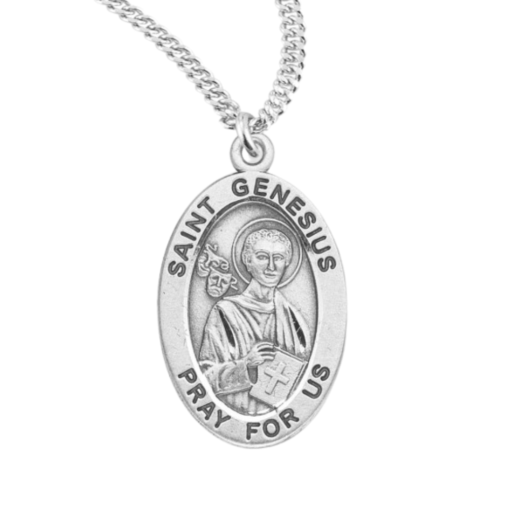 Patron Saint Genesius Oval Sterling Silver Medal, Catholic Gift, Made in USA