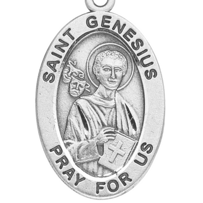 Saint Genesius Sterling Silver Oval Medal Pendant — 20" Chain, Gift Box