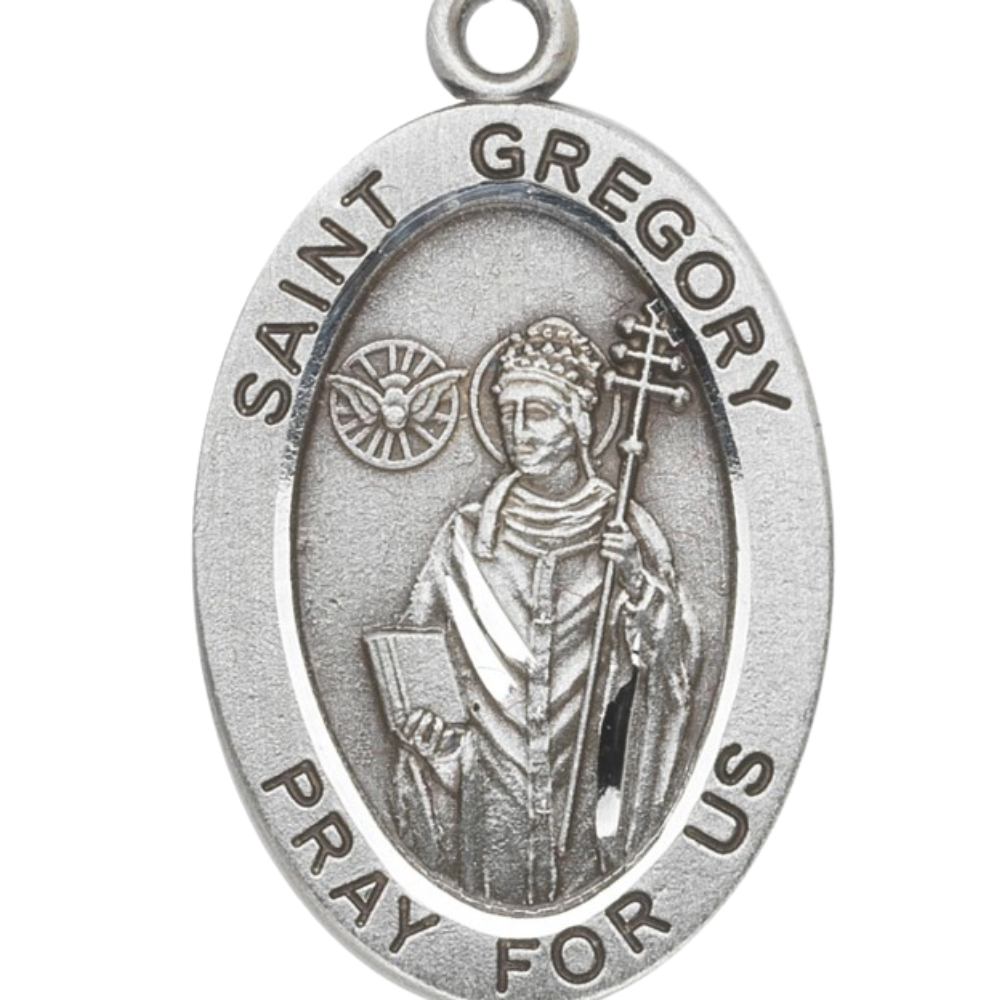 Saint Gregory Sterling Silver Oval Medal Pendant — 20" Chain, Gift Box Included