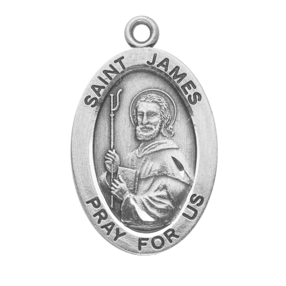 Saint James Sterling Silver Oval Medal Pendant Necklace — 20 Inch Chain, Made in USA