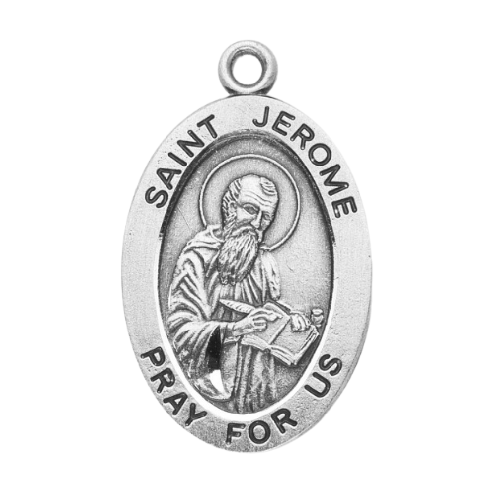 Saint Jerome Sterling Silver Oval Medal Necklace — 20" Chain, Gift Box