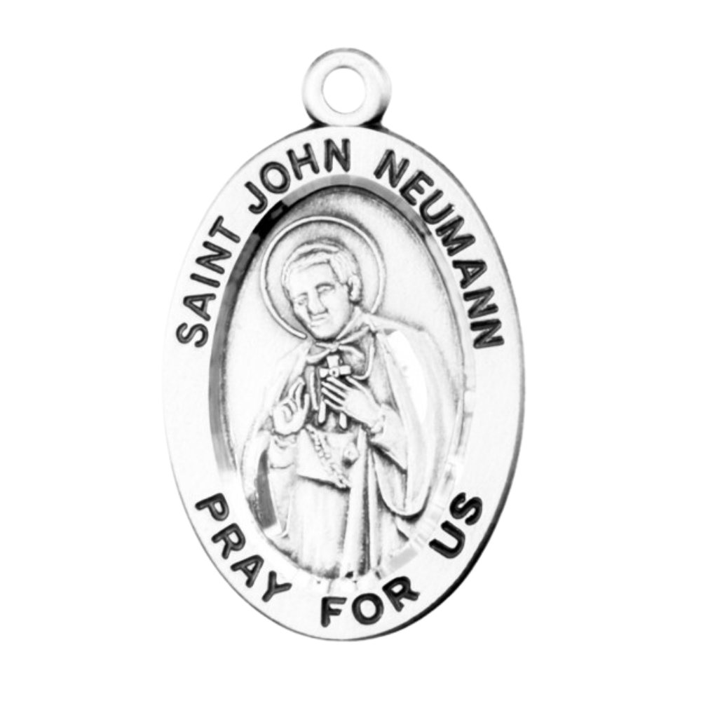Saint John Neumann Sterling Silver Oval Medal — 20" Chain, Made in USA, Gift Box