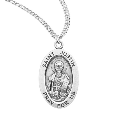 Patron Saint Justin Oval Sterling Silver Medal, Catholic Gift, Made in USA