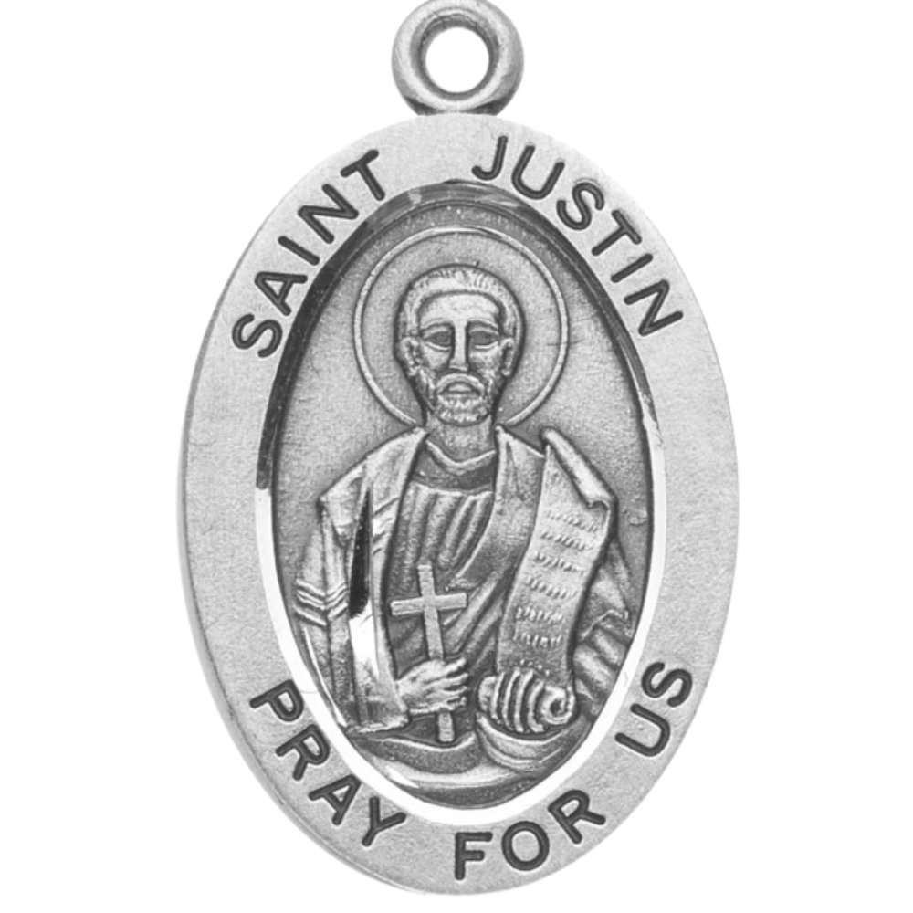 Saint Justin Martyr Sterling Silver Oval Medal — 20" Chain, Gift Box Included