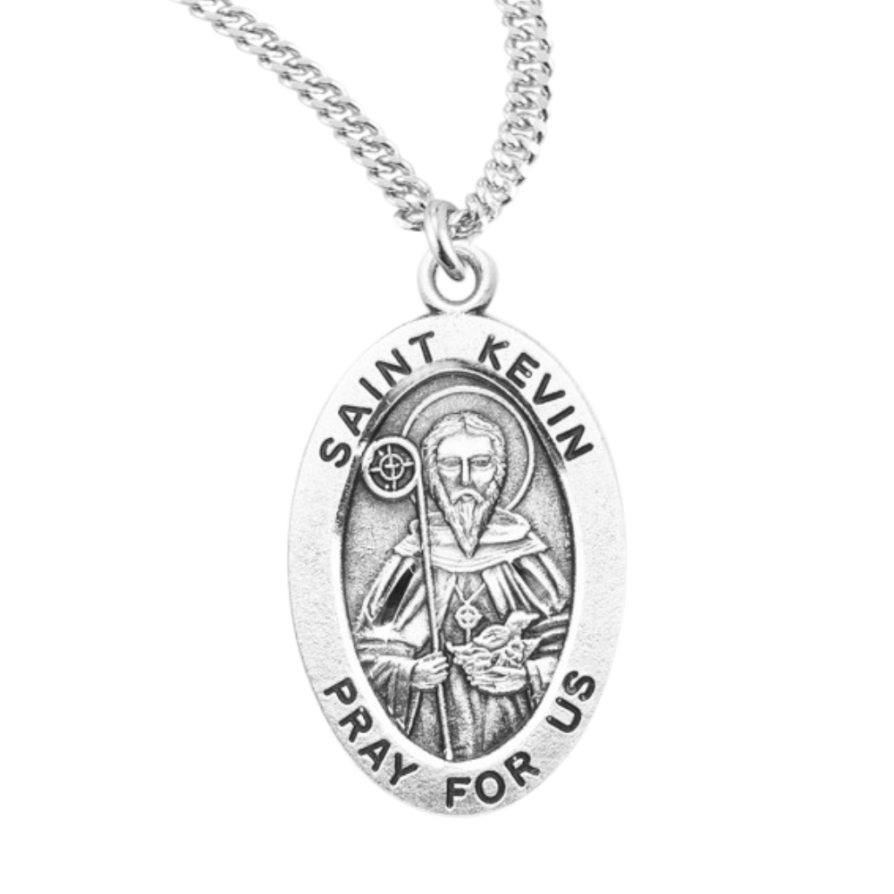Patron Saint Kevin Oval Sterling Silver Medal, Catholic Gift, Made in USA