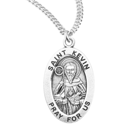 Patron Saint Kevin Oval Sterling Silver Medal, Catholic Gift, Made in USA