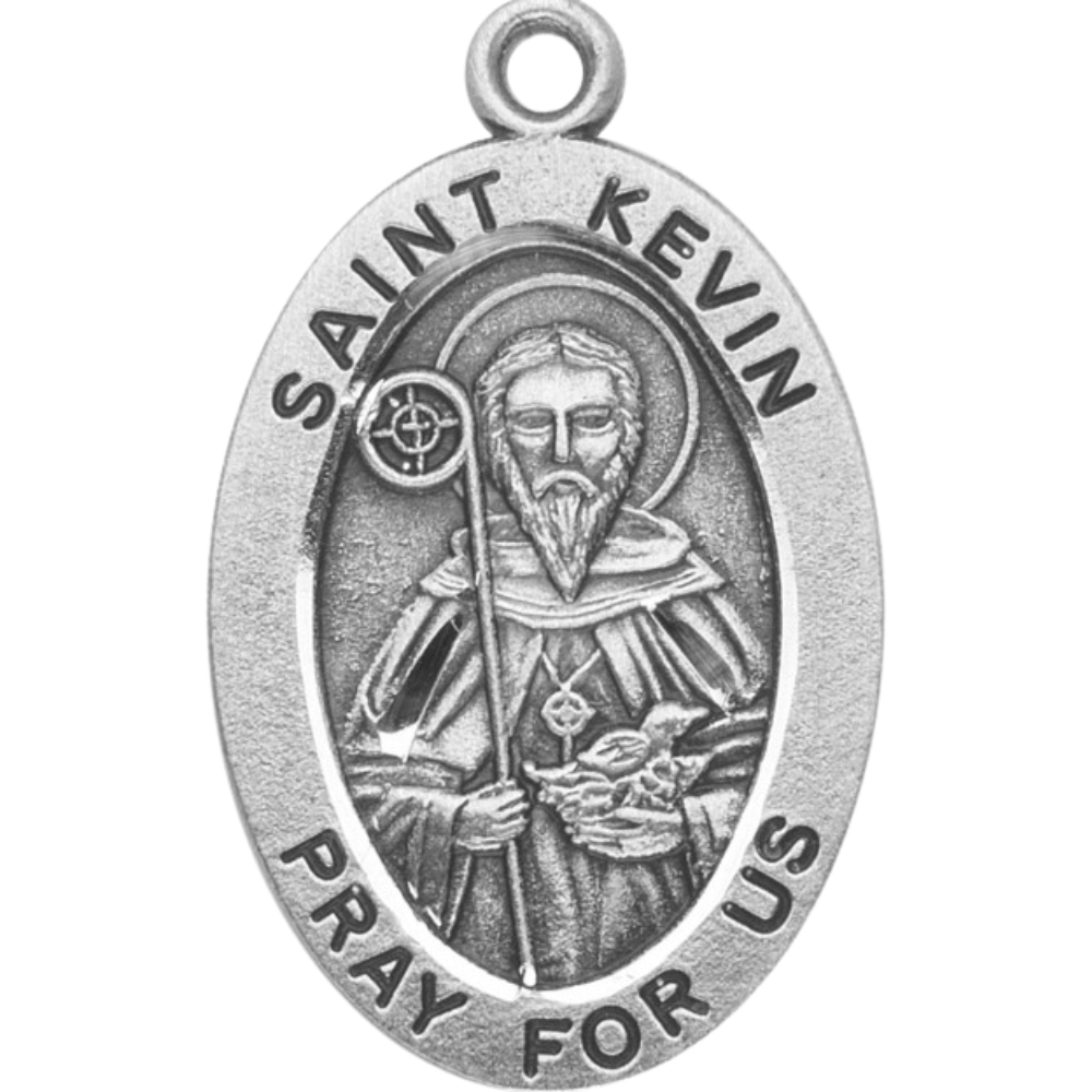 Saint Kevin Sterling Silver Oval Medal Necklace — 20" Chain, Gift Box Included