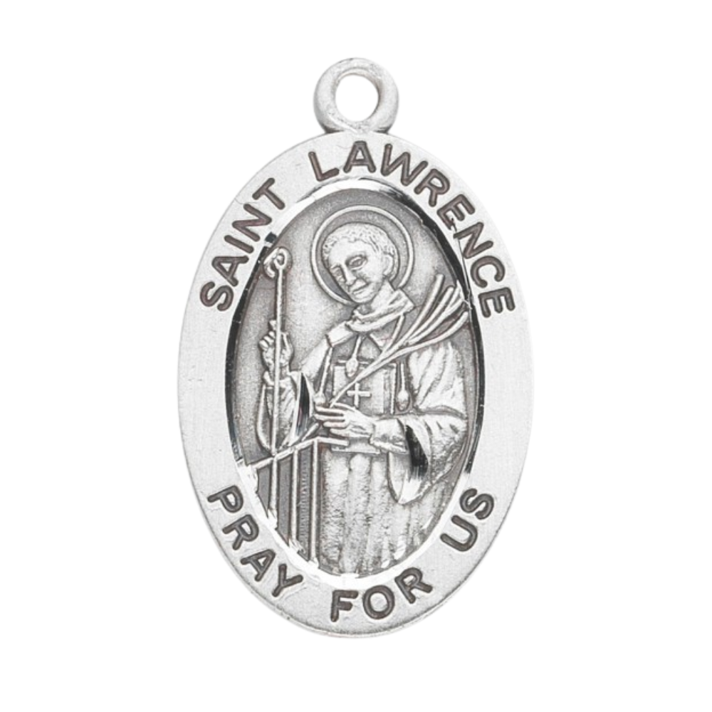 Saint Lawrence Sterling Silver Oval Medal Necklace — 20" Chain, Gift Box