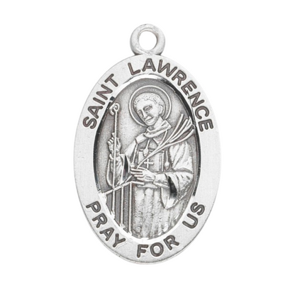 Saint Lawrence Sterling Silver Oval Medal Necklace — 20" Chain, Gift Box