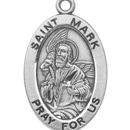 Saint Mark Oval Sterling Silver Medal Necklace — 20" Chain, Gift Box Included