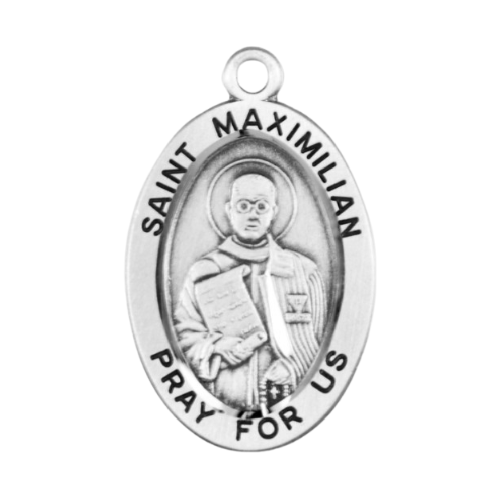 Saint Maximilian Kolbe Oval Sterling Silver Medal Necklace - 20 Inch Chain