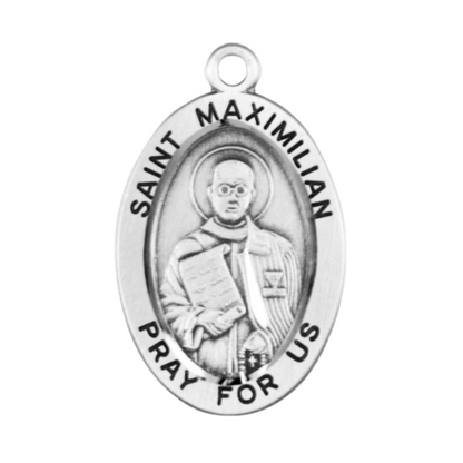 Saint Maximilian Kolbe Oval Sterling Silver Medal Necklace - 20 Inch Chain