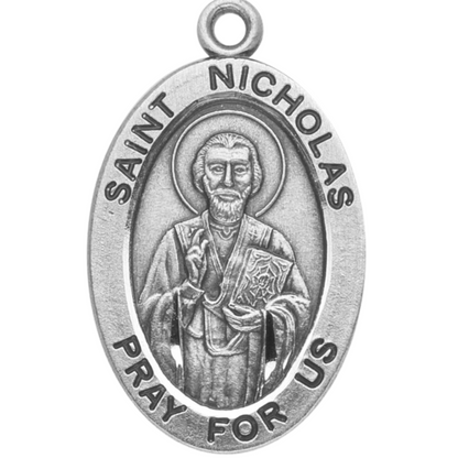 Saint Nicholas Oval Sterling Silver Medal Pendant — 20" Chain, Made in USA