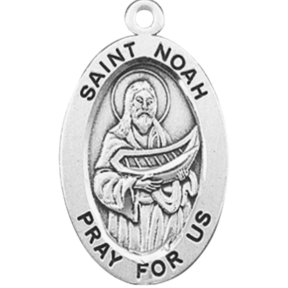 Saint Noah Sterling Silver Oval Medal Necklace — 20" Chain, Gift Box Included