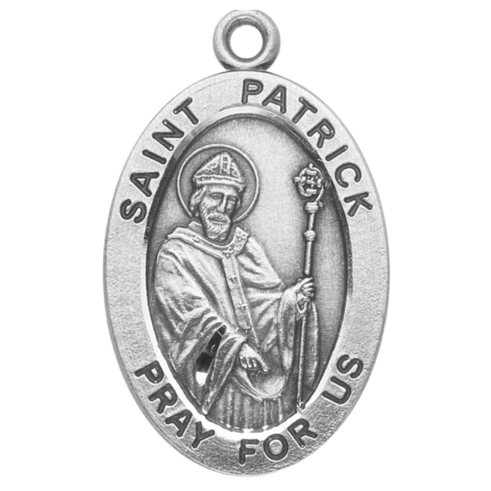 St. Patrick Sterling Silver Oval Medal Necklace — 20" Chain, Gift Box Included