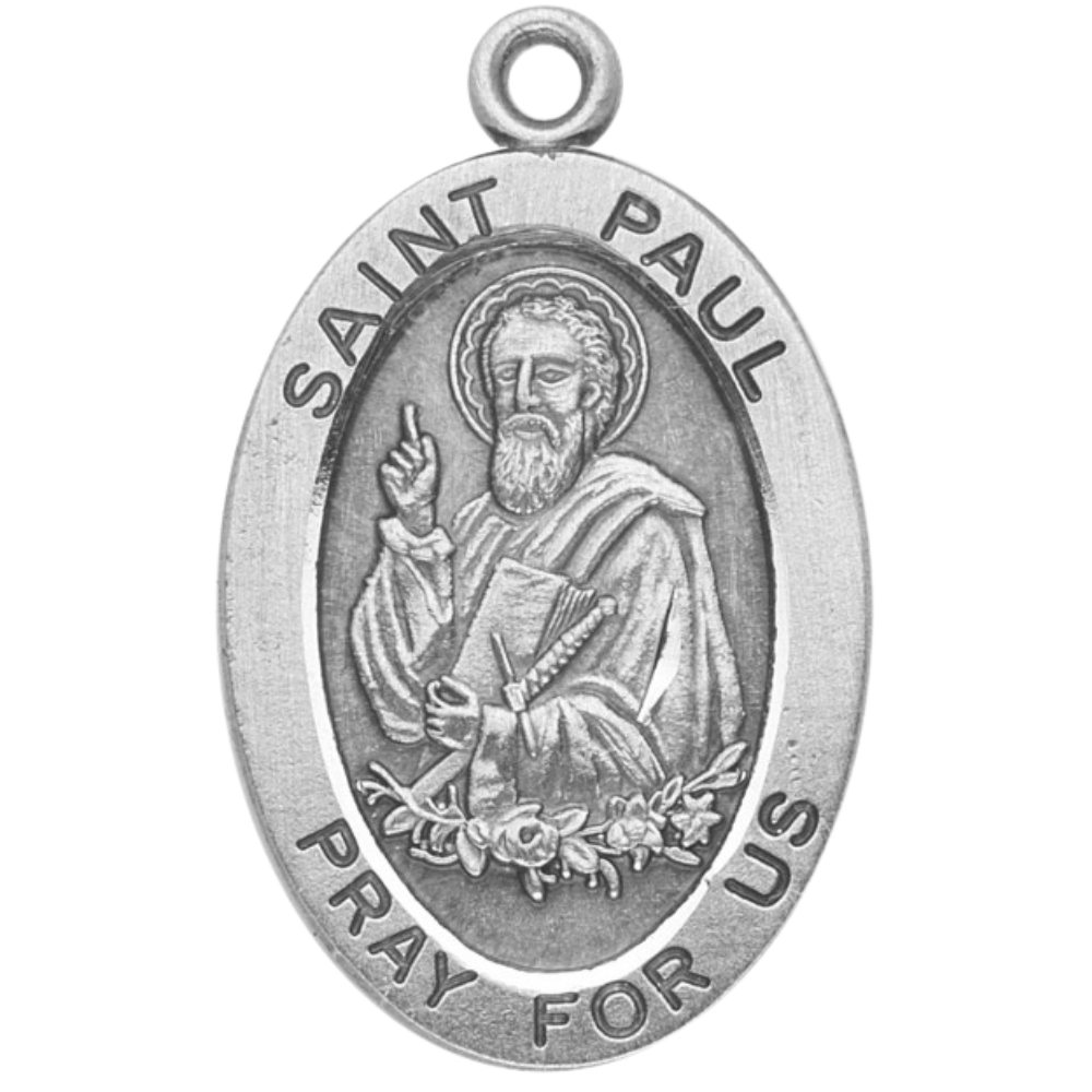 Saint Paul Sterling Silver Oval Medal Necklace — 20 Inch Chain, Made in USA
