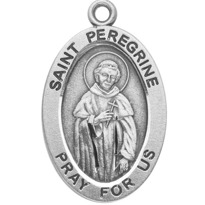 Saint Peregrine Sterling Silver Oval Medal Pendant — 20" Chain, Gift Box