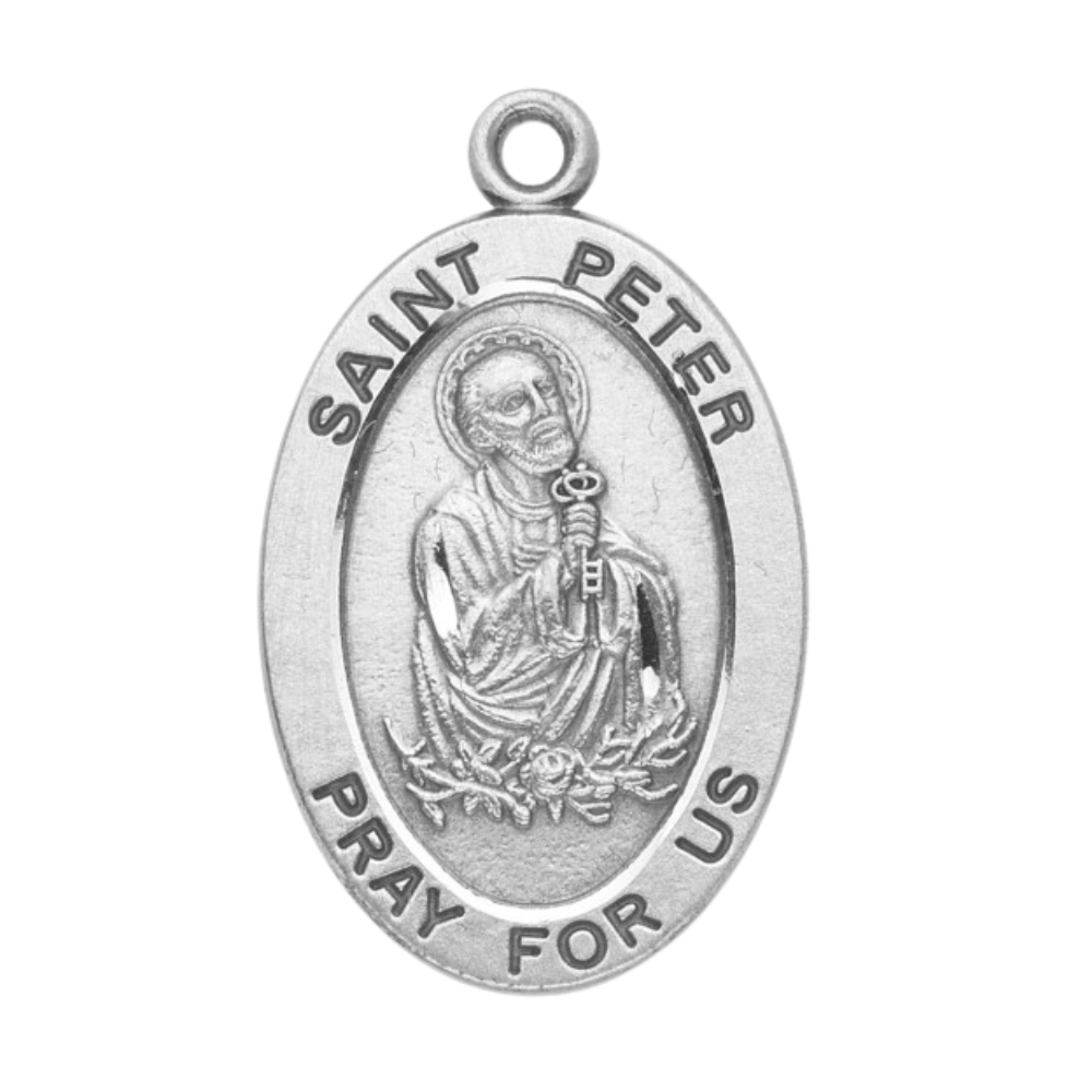 Saint Peter Sterling Silver Oval Medal Necklace — 20" Chain, Made in USA