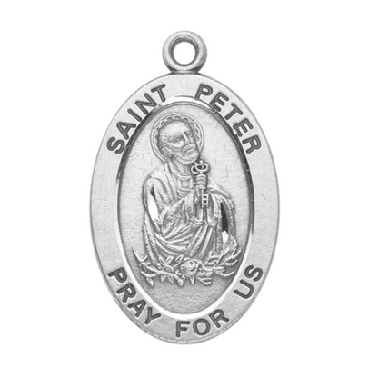 Saint Peter Sterling Silver Oval Medal Necklace — 20" Chain, Made in USA