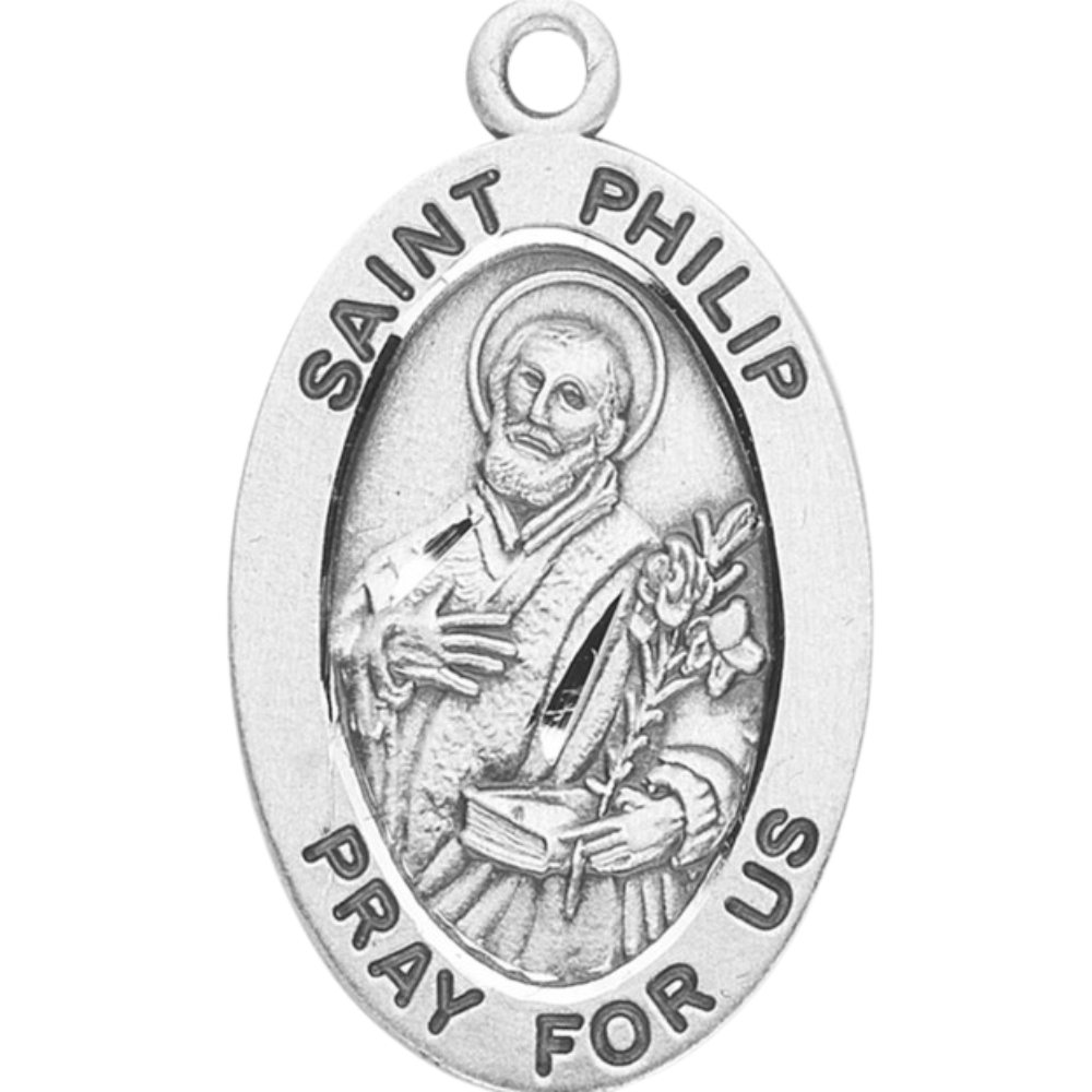 Saint Philip Sterling Silver Oval Medal Necklace — 20" Chain, Made in USA
