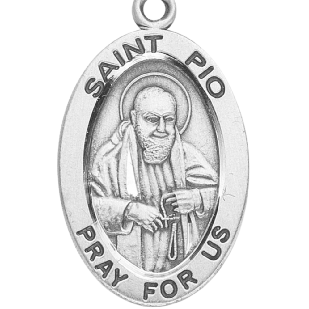 Saint Pio Sterling Silver Oval Medal Necklace — 20" Chain, Gift Box Included