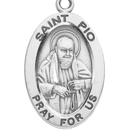 Saint Pio Sterling Silver Oval Medal Necklace — 20" Chain, Gift Box Included