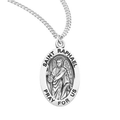Patron Saint Raphael Archangel Oval Sterling Silver Medal, Catholic Gift, Made in USA