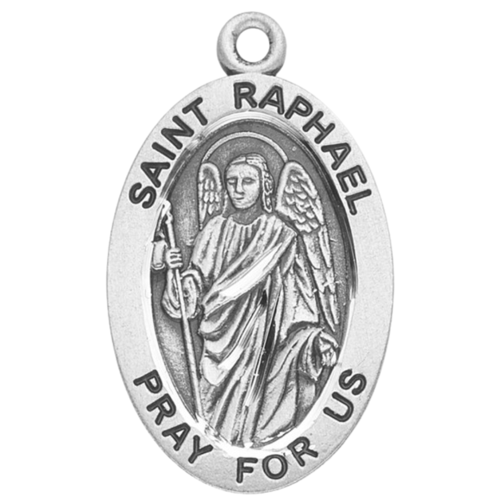 Saint Raphael Archangel Sterling Silver Oval Medal — 20" Chain, Gift Box