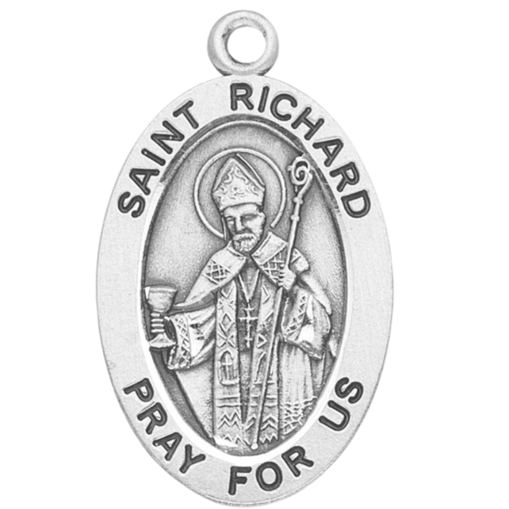 Saint Richard Sterling Silver Oval Medal Necklace — 20" Chain, Made in USA