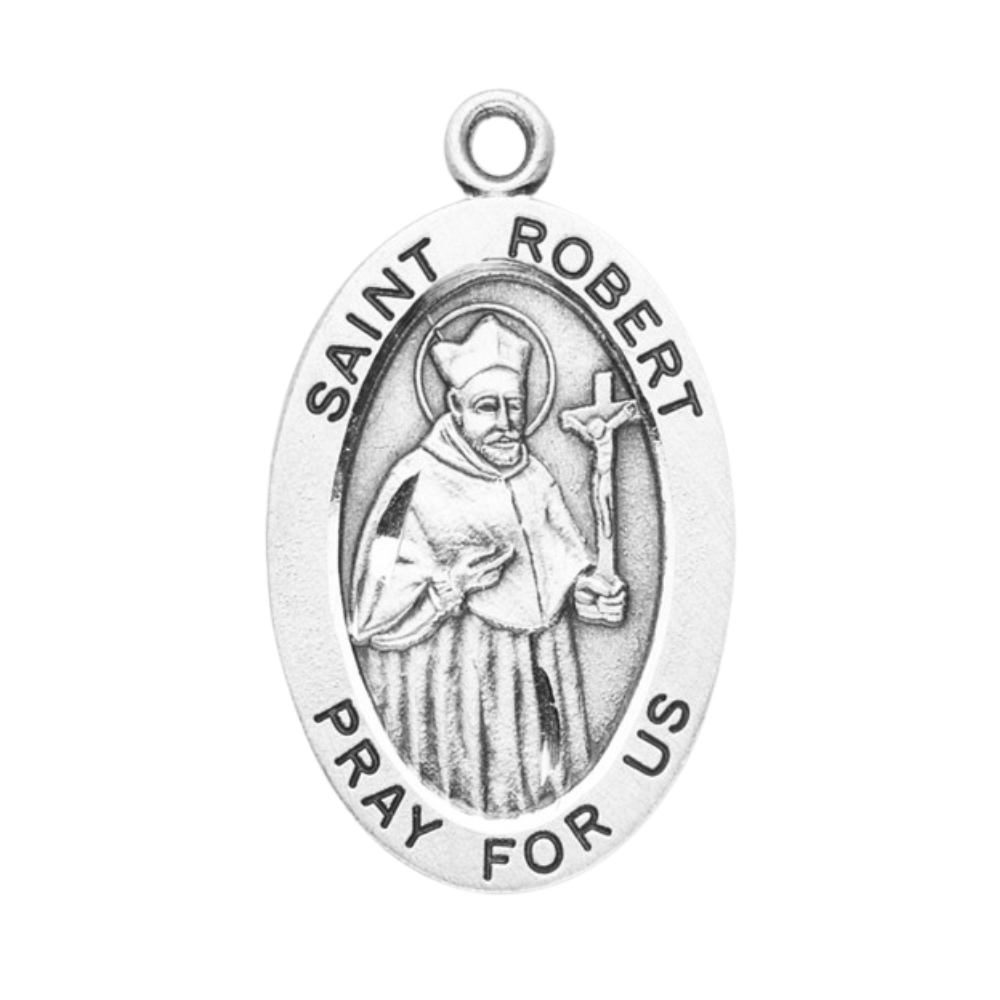 Saint Robert Sterling Silver Oval Medal Pendant — 20" Chain, Gift Box Included