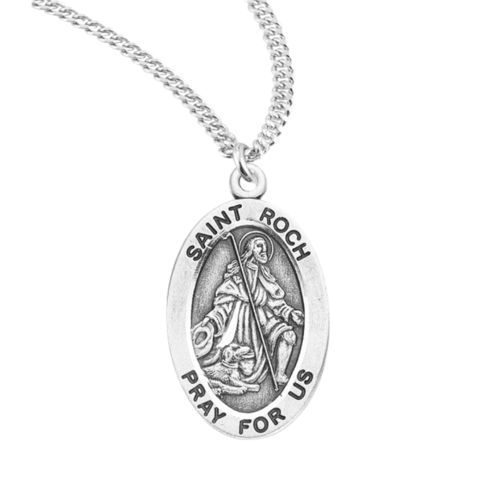Patron Saint Roch Oval Sterling Silver Medal, Catholic Gift, Made in USA