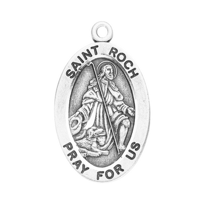 Saint Roch Sterling Silver Oval Medal Necklace — 20" Chain, Gift Box Included