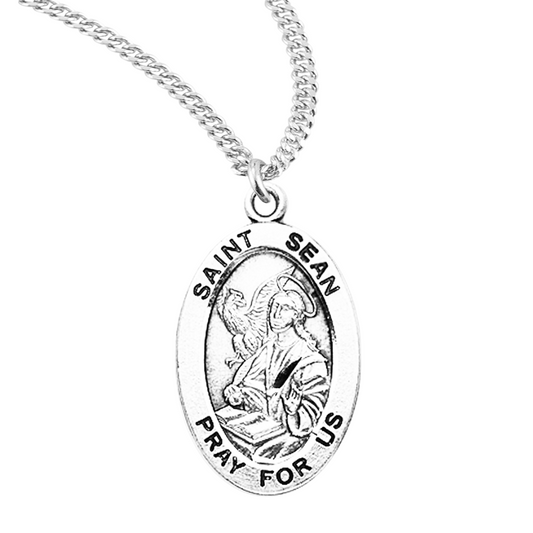 Sterling Oval Saint Sean Medal Pendant Necklace, 20" Rhodium Plated Stainless Steel Chain, Made in USA- Deluxe Velvet Gift Box Included