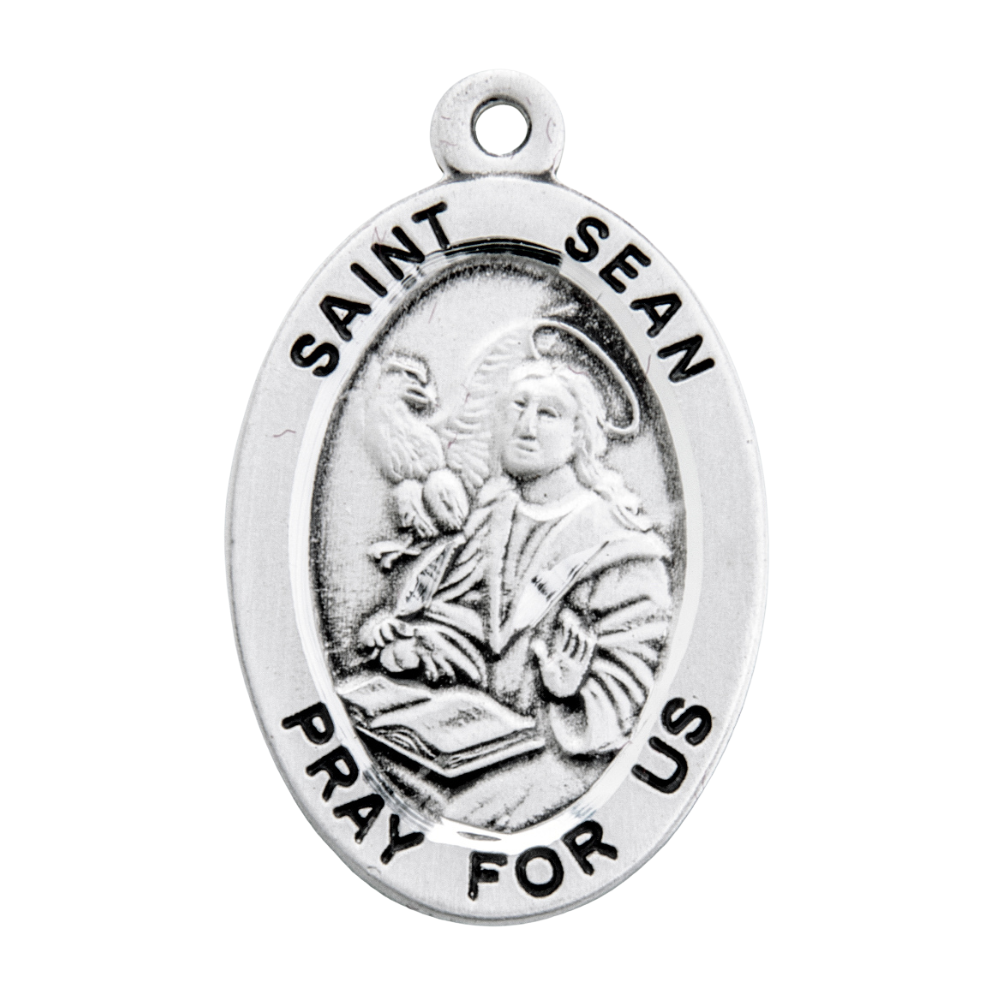 Sterling Oval Saint Sean Medal Pendant Necklace, 20" Rhodium Plated Stainless Steel Chain, Made in USA- Deluxe Velvet Gift Box Included