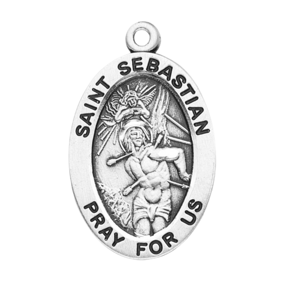 Saint Sebastian Sterling Silver Oval Medal Necklace — 20" Chain, Made in USA