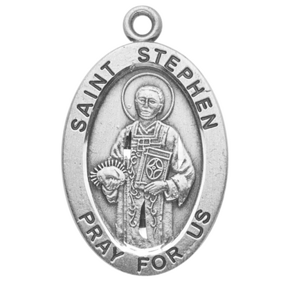 Saint Stephen Sterling Silver Oval Medal Necklace — 20" Chain, Made in USA
