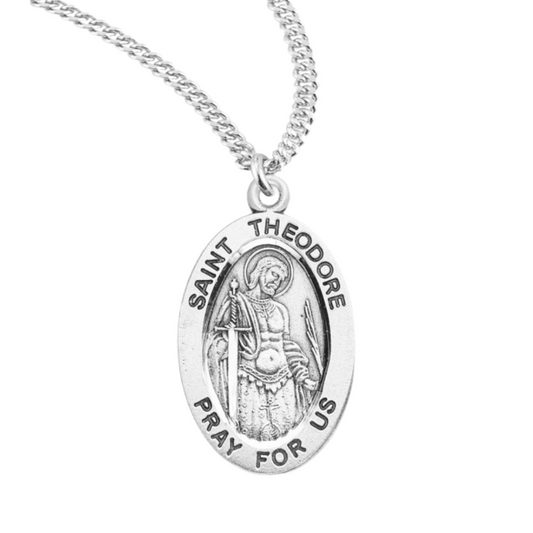 Patron Saint Theodore Oval Sterling Silver Medal, Catholic Gift, Made in USA