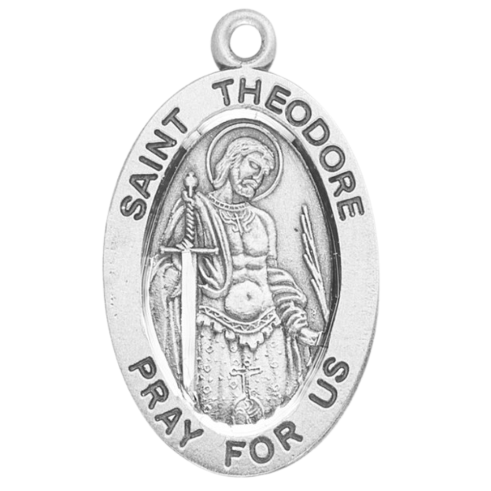 St. Theodore Sterling Silver Oval Medal Necklace — 20" Chain, Gift Box Included